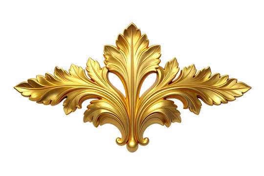 A minimalist, elegant gold acanthus ornament, featuring a classical decorative leaf motif inspired by baroque and rococo styles, isolated on transparent background for ornate designs.