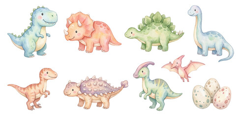 Obraz premium Watercolor set of cute baby dinosaurs prehistoric creatures and eggs isolated on white background with dinosaur, prehistoric