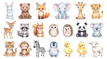 Obraz premium Cute baby animal collection in watercolor style isolated on white background with watercolor illustration collection