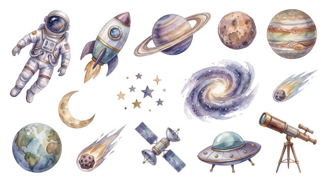 Watercolor collection of space elements including astronaut planets stars and rocket ship isolated on white background