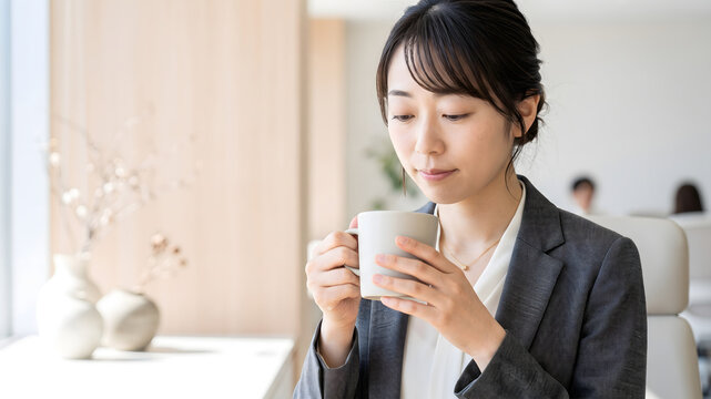 オフィスで温かいドリンクを手にほっと一息つくスーツ姿の女性社員