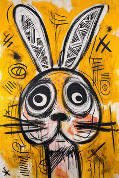illustrated neo expressionist monster portrait, white rabbit with long ears on yellow, illustration