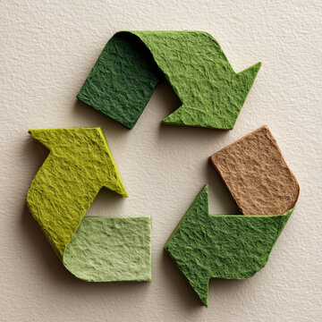 Textured green paper cut recycling symbol for eco friendly environment and zero waste, 친환경 환경 보호 및 제로 웨이스트를 상징하는 질감 있는 녹색 종이 재활용 마크