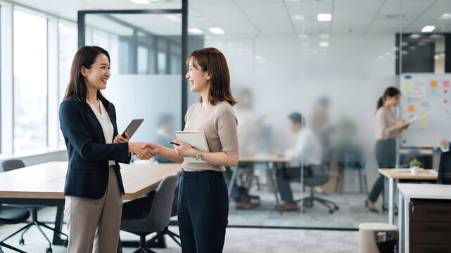 オフィスでノートやタブレットを手に向かい合い笑顔で握手する女性社員たち