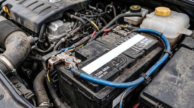 Close up detailed view of a dirty car engine compartment focusing on the battery air intake and various hoses and wires automotive battery car parts vehicle maintenance mechanical