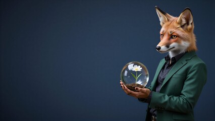 Naklejka premium Fox in suit holds glass sphere with blooming flower against dark background.