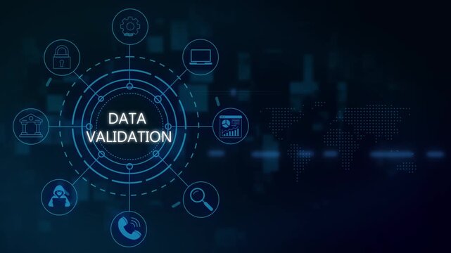 Data validation concept with digital hud interface and global network animated technology background, for cybersecurity and, business analytics
