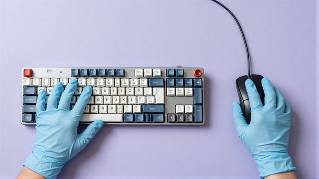 Gloved hands type on keyboard, mouse beside it against lavender background.
