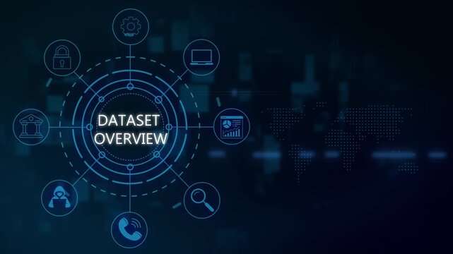 Dataset overview infographic with digital hud interface, global data network and cyber security for business analytics and technology presentations