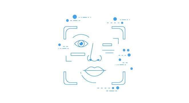 Biometric facial recognition technology icon, blue line art face scanning system, digital identity verification and security interface on white background