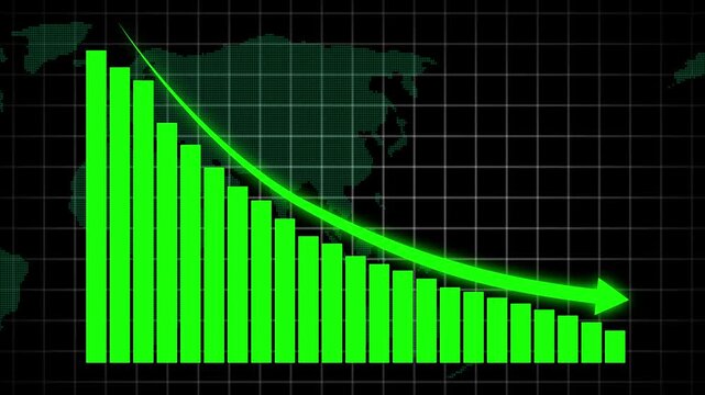 Glowing business bar chart animation with downward arrow and dotted trend line. Indicates steady revenue decline, financial loss, negative growth, 4k