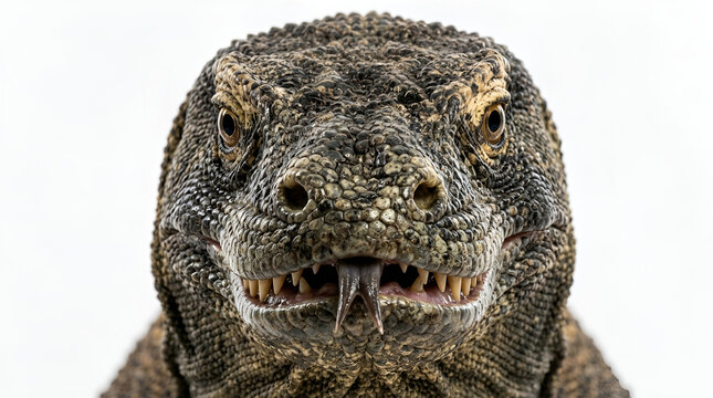 Close up komodo dragon face sharp detail staring camera mouth open sharp teeth, rough scaly skin natural texture isolated white studio background
