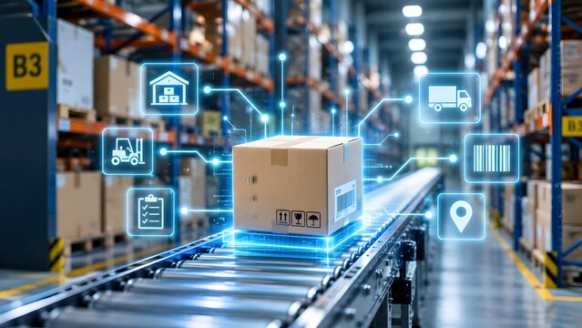 Cardboard box on a conveyor belt with digital logistics icons in a warehouse. Concept of automated package tracking and smart inventory distribution.