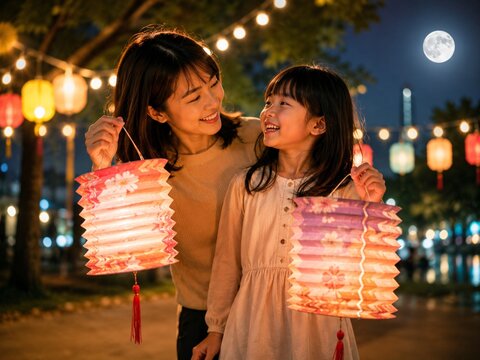 Mother and Daughter Holding Lanterns at Mid-Autumn Festival