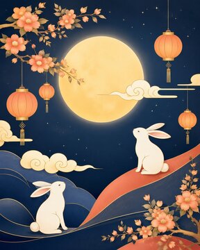 Mid-Autumn Festival Moon Rabbits, Lanterns and Full Moon