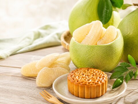 Pomelo Fruit and Traditional Mooncake for Mid-Autumn Festival