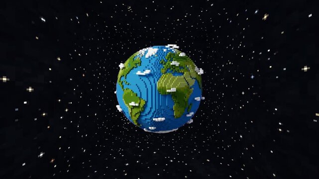 A close-up view of a pixelated voxel block style planet Earth with voxel clouds rotating slowly in deep dark space. Ideal for gaming channel graphics, retro block world projects, and digital technolog
