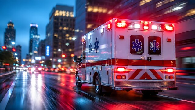 Speeding ambulance on a wet city street at night with glowing red emergency lights. Concept of urgent medical response and fast paramedic rescue.