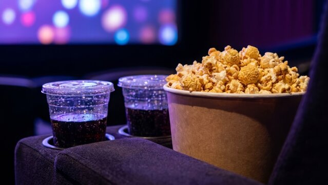 Lifestyle - Bucket of popcorn and two cups of soda in a movie theater