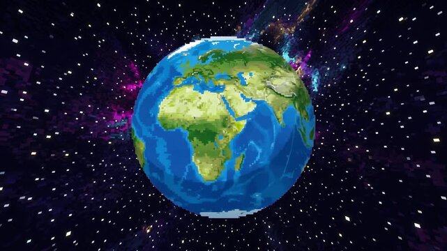 A pixelated, low-poly stylized planet Earth spinning gracefully against a dark outer space background filled with vibrant nebulae and twinkling stars. Ideal for retro video games, pixel art graphics, 