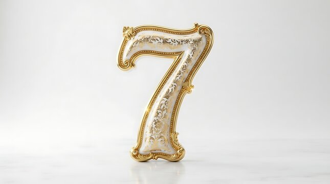Number seven stands as a three-dimensional golden sculpture with an ornate decorative border against a plain white background.