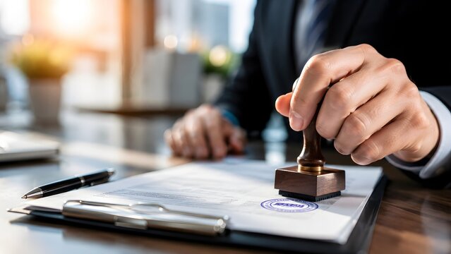 Businessman pressing a wooden rubber stamp onto a paper document on a desk. Concept of corporate certification and official legal contract agreement.