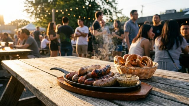 Food - Grilled Sausages and Pretzels at Outdoor Beer Garden with People Socializing