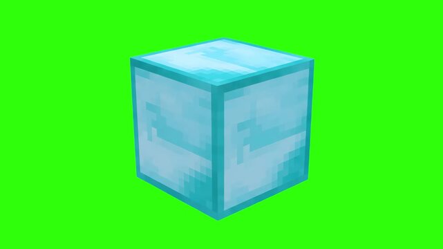 A solid light blue pixelated voxel gem block representing a crafted diamond block, isolated on a chroma key green screen background. Great for gaming achievements, high-value crafting rewards, and mot