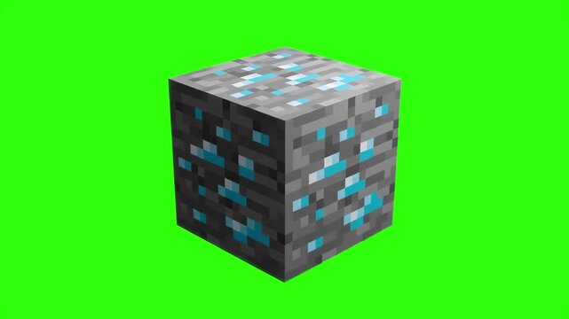 A pixelated gray stone voxel block embedded with bright blue diamond crystals, isolated on a bright chroma key green screen backdrop. Ideal for gaming tutorials, crafting game guides, and video editin