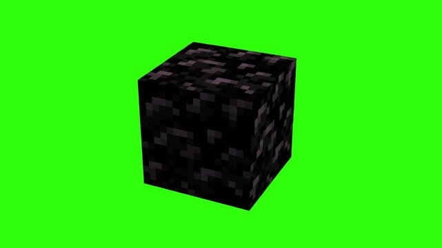 A dark purple and black pixelated voxel stone block representing volcanic obsidian rock, isolated on a chroma key green screen background. Perfect for gaming video overlays, stream alerts, and sandbox