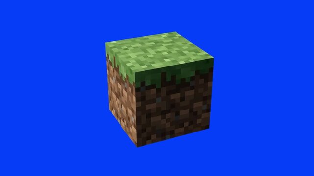A 3D pixelated voxel grass and dirt cube block spinning isolated on a solid blue chroma key backdrop. Great for video game development, sandbox game streaming assets, retro 8-bit animations, and gamin