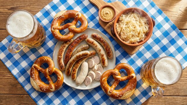 Food - Traditional Bavarian Oktoberfest meal with sausages pretzels beer and sauerkraut