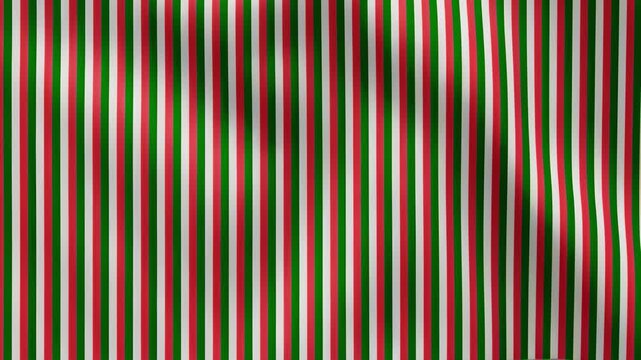 A full-frame view of a smooth fabric cloth featuring bold red, green, and white vertical stripes waving gently. Perfect for festive Christmas themes, Italian or Mexican color motifs, and motion graphi
