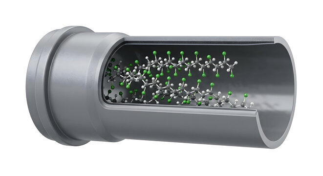 Scientific 3D Render of Rigid PVC Pipe Cross-Section Revealing Polyvinyl Chloride Molecular Structure