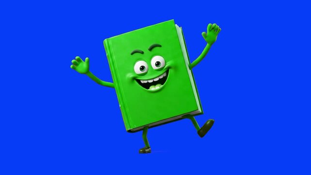 Cheerful animated 3D green book mascot character jumping and waving hands isolated on a blue background. Suitable for school education promos, online learning apps, publishing ads, children book video