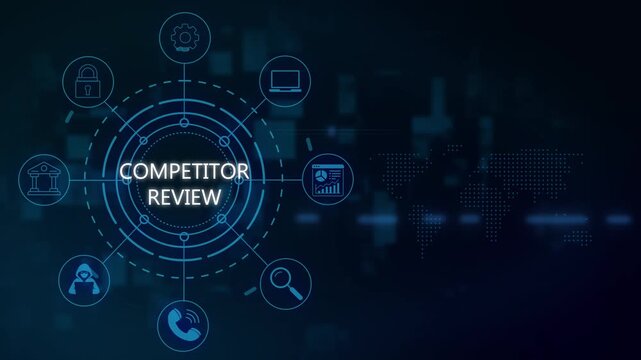 Competitor review digital hud interface with business analytics and global network business strategy