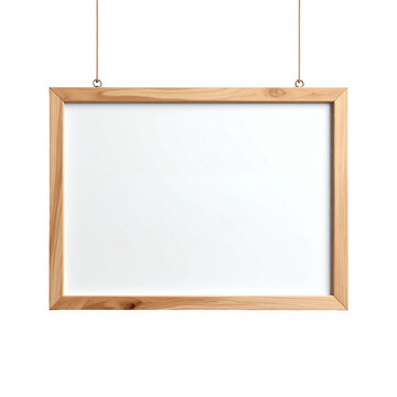 Empty rectangular wooden picture frame hanging by thin ropes for art display mockups isolated on a clean on transparent background