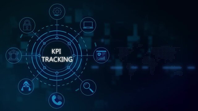 Kpi tracking digital interface with global business network and data analytics hud animation key performance indicator