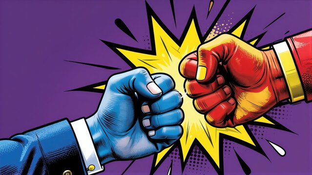 Two fists collide in a comic-book style explosion, symbolizing power and impact.