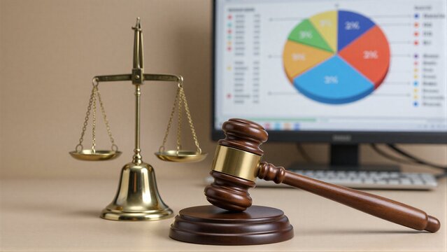 Judicial scales and gavel beside data chart, symbolizing law's intersection with modern analytics.
