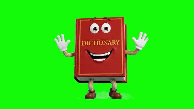 A cheerful 3D cartoon book mascot with the text "Dictionary" on its red cover, smiling and dancing joyfully on a bright chroma key green screen background. Ideal for language learning channels, school