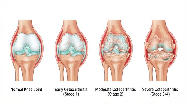 Illustration shows four stages of knee osteoarthritis progression. It highlights joint changes in the knee over time.
