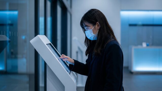 Business - Young Asian woman wearing a protective face mask using a self service kiosk