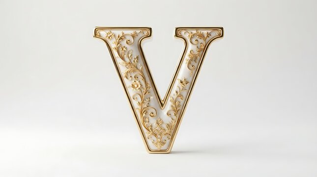 Letter V features an intricate gold filigree pattern set against a clean and minimalist white background.