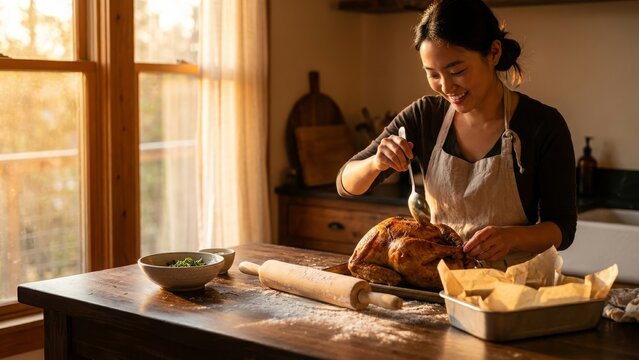 Cooking - Smiling Asian woman basting roasted turkey in rustic kitchen