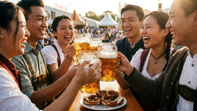 Event - Asian group of friends cheering with beer mugs at festival