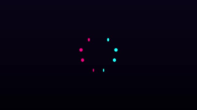 Neon loading spinner animation with cyan and magenta glowing dots on 4k black background