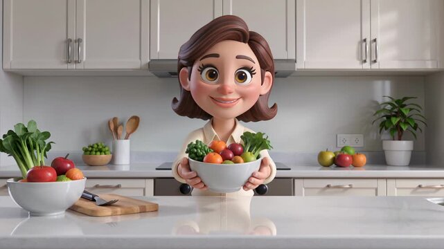 Cartoon nutritionist holding bowl of salad in modern kitchen. 3D animation character preparing healthy food. Diet program, nutrition and weight loss lifestyle concept
