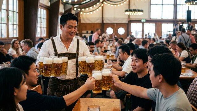 Food and Drink - Asian waiter serving beer steins in crowded Oktoberfest beer hall
