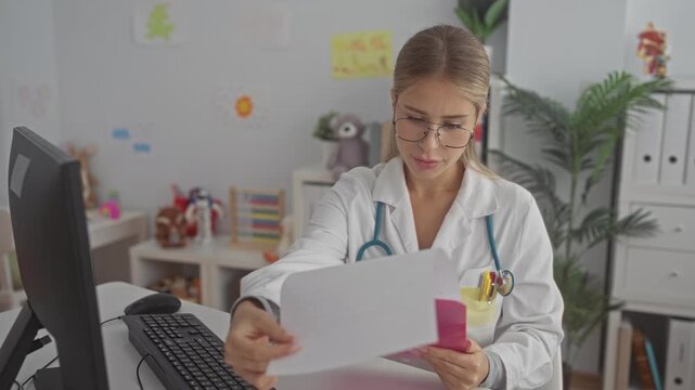 Woman doctor holds pink clipboard and flips paper while reading notes, hand visible in building; concerned care.